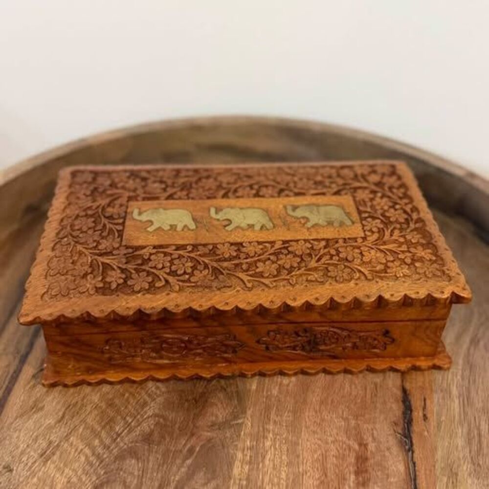 Vintage Hand-Carved Wooden Jewelry Box with Elephant Inlay